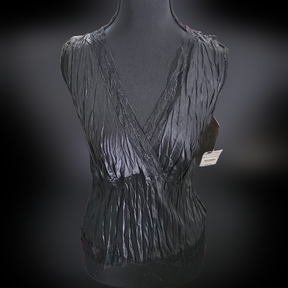 NWT Y2K VTG Worthington Black Crinkled Plisse Blouse-Faux Wrap Tank Top Sz Small